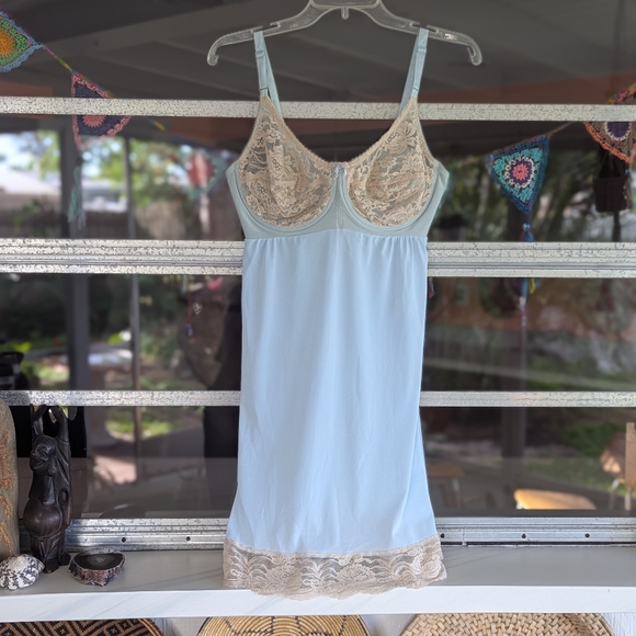 Vintage 70s Warner's 38B Chemise Blue Slip Dress Nightie Lace Coquette Girl - Picture 2 of 12